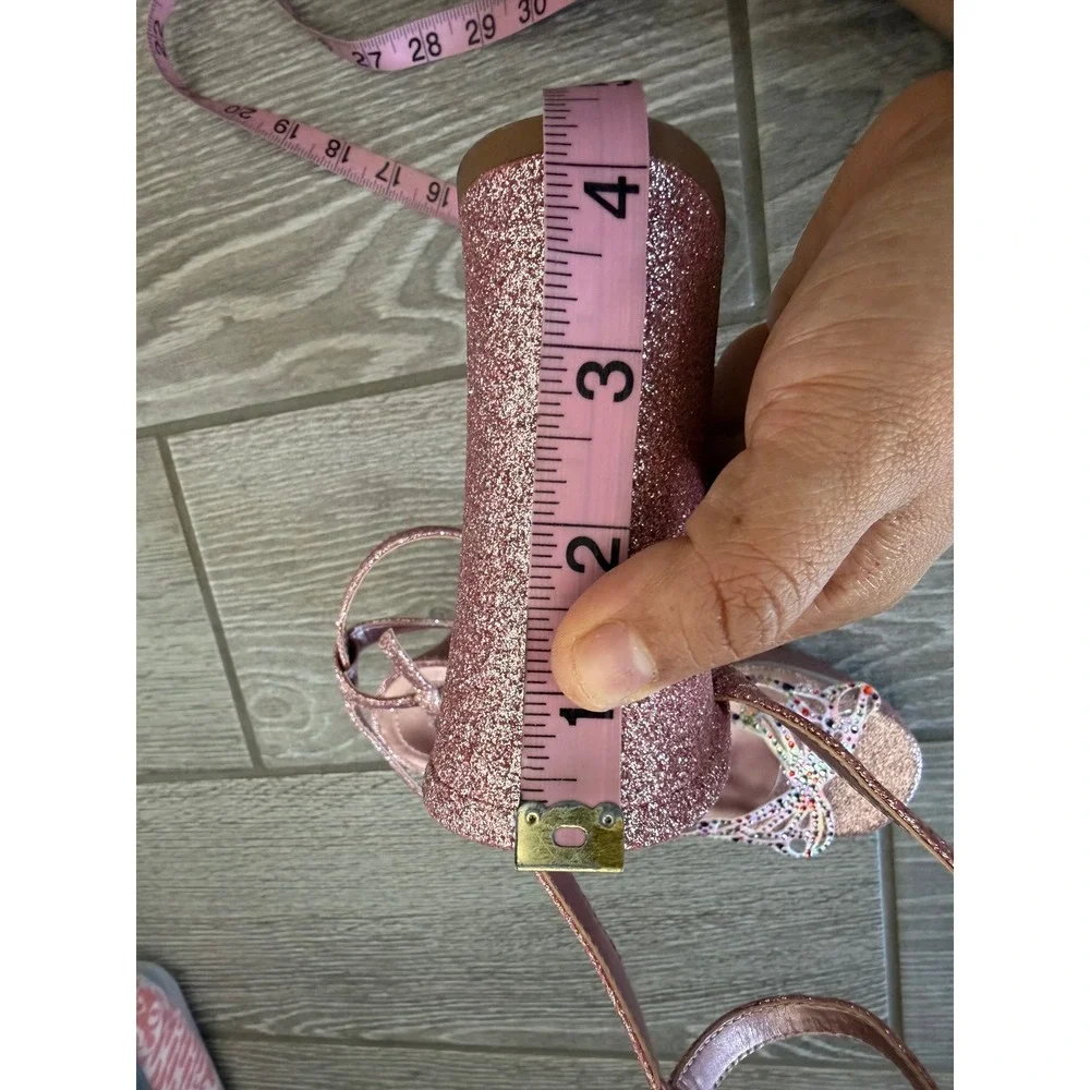 Copper Key Pink Glitter Butterfly Rhinestone Platform Block Y2K Style Heels 7.5